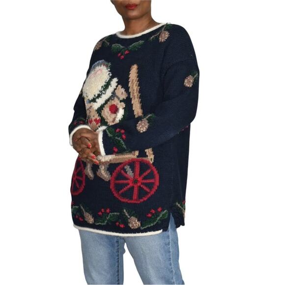 Ugly Christmas Sweater Santa Claus Vintage Northern Isles Tree Wreath Size Large - Picture 8 of 14